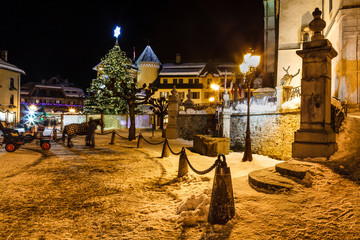 Illuminated Christmas Tree on Central Square of Megeve in French