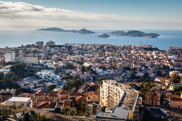Fototapeta premium Aerial View of Marseille City and Islands in Background, France