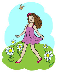 a little girl walks among chamomiles