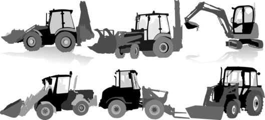 Set of 6 silhouettes of a tractors of road service