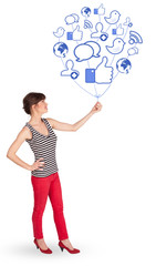 Obraz premium Happy lady holding social icon balloon