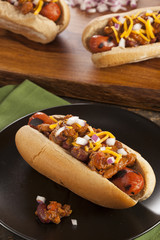 Homemade Hot Chili Dog with Cheddar Cheese