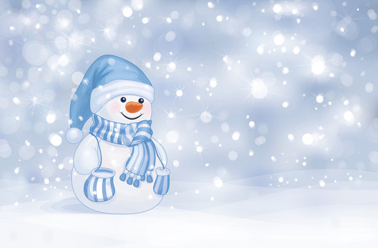 Vector of happy snowman on snowfall background.