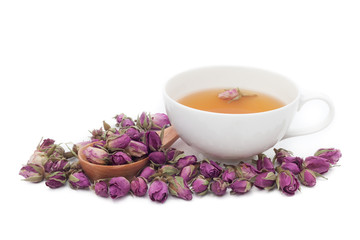 A cup of rose tea on white background