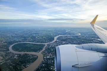 The view form airplane while approaching for landing at the airp