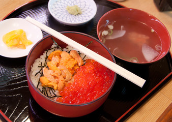 fresh red caviar with rice