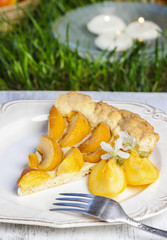 Round apricot cake on cake stand. Garden party, selective focus