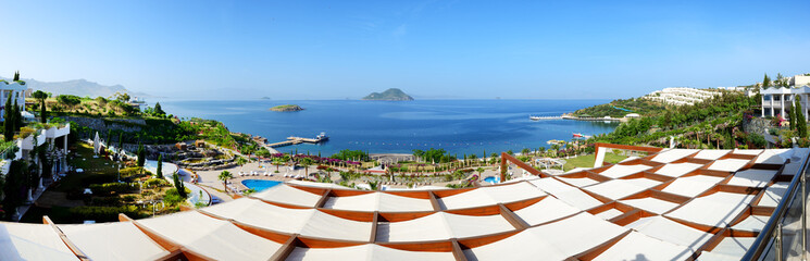 Panorama of the beach at luxury hotel, Bodrum, Turkey