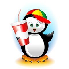 Pengouin Cartoon with Drink on Paper Cup-Pinguino con Bibita