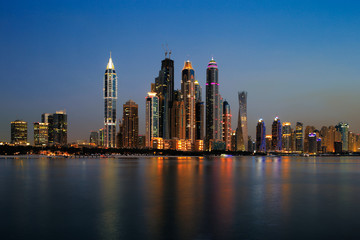 Fototapeta na wymiar Dubai Marina, UAE at dusk as seen from Palm Jumeirah