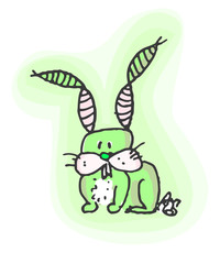 Fluorescent green bunny with DNA chains for ears.