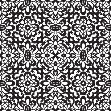 Black lace on white, seamless pattern