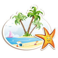 Fototapeta na wymiar Summer beach with palm trees and starfish over white