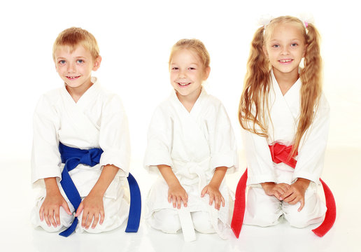 Cheerful young athletes sitting in a karate pose ritual