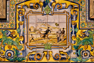 Spanish antique, polychrome ceramic tiled panel