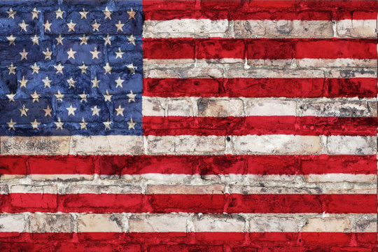american flag graphic on a brick background