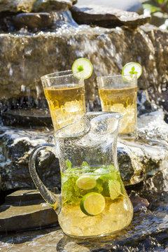 refreshing home made lemonade in cold waterfall