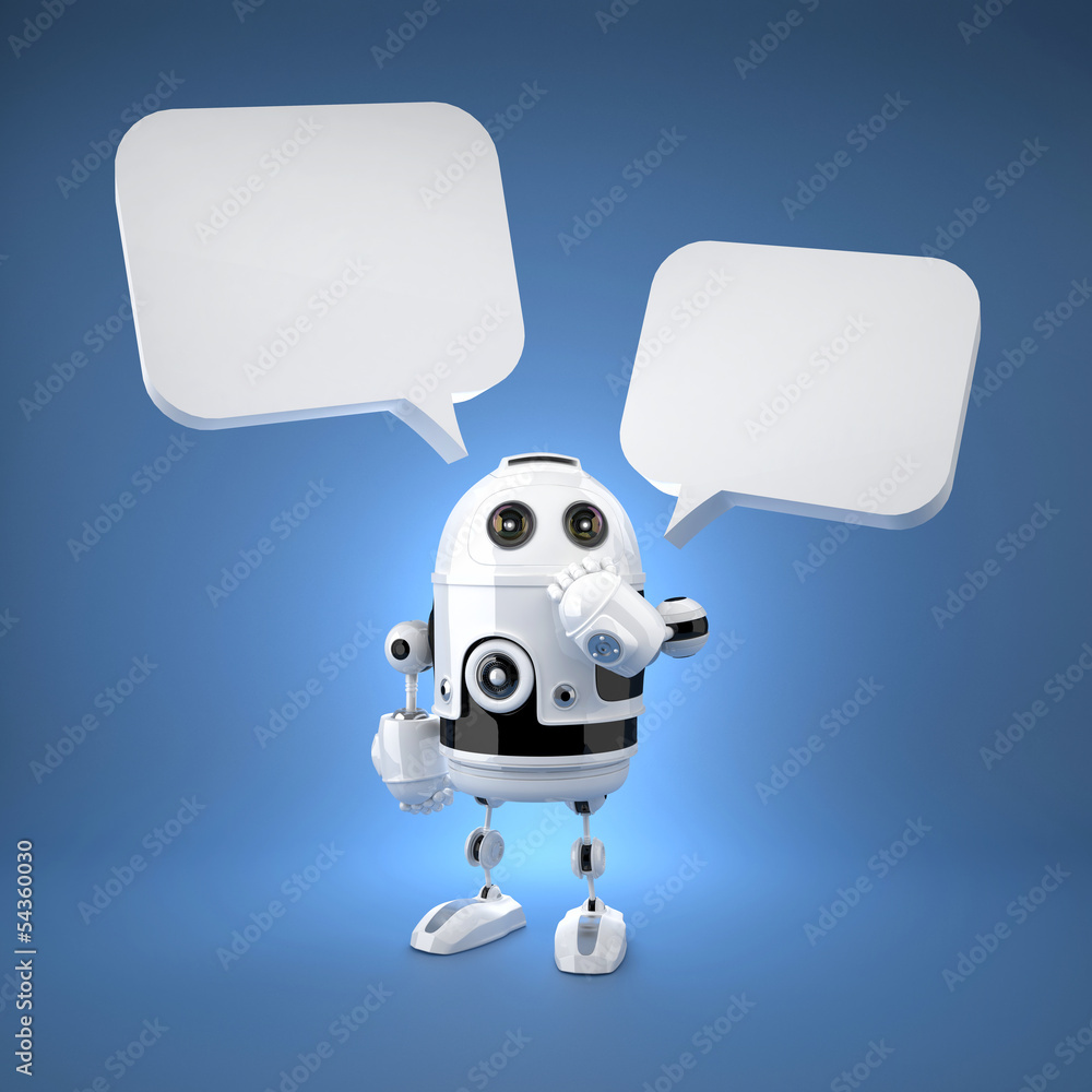 Poster cute android robot with speech bubbles