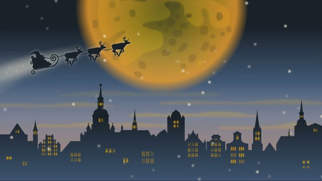 Weihnachtsmann mit Rentierschlitten &uuml;ber Stadt vor gro&szlig;em Mond