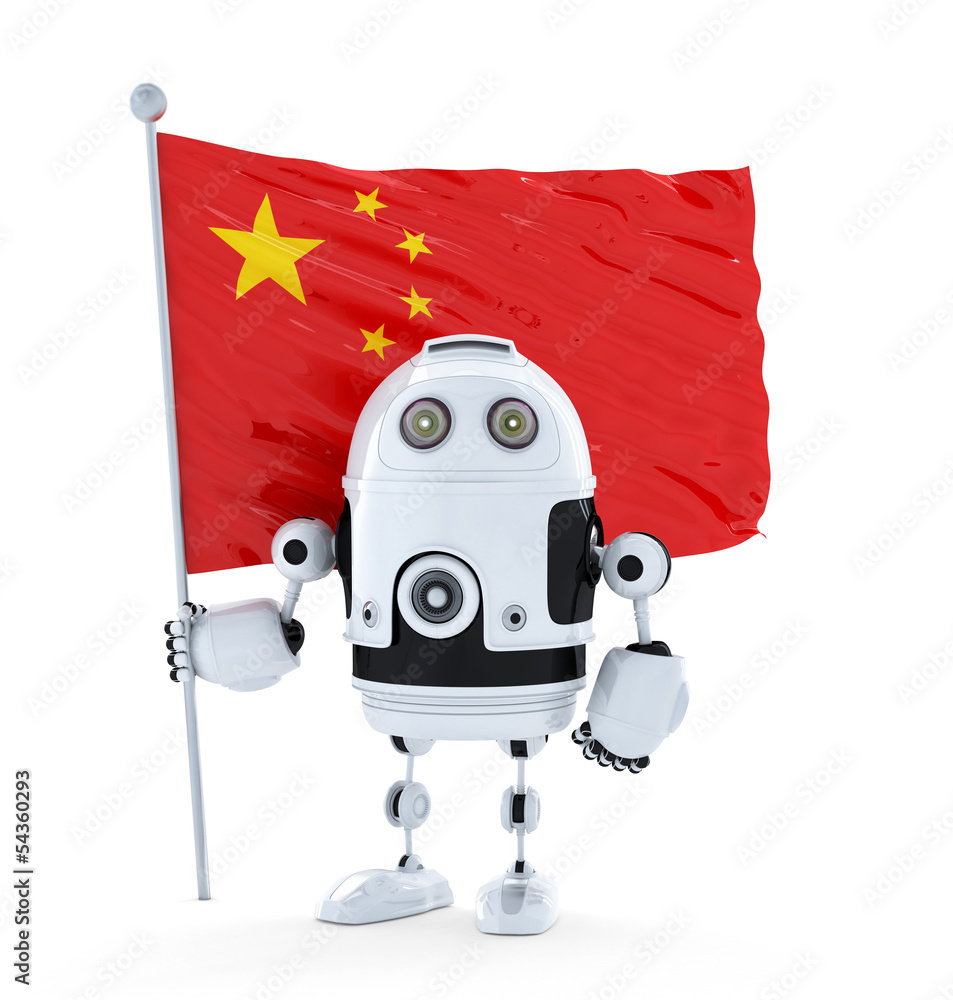 Poster android robot standing with flag of china