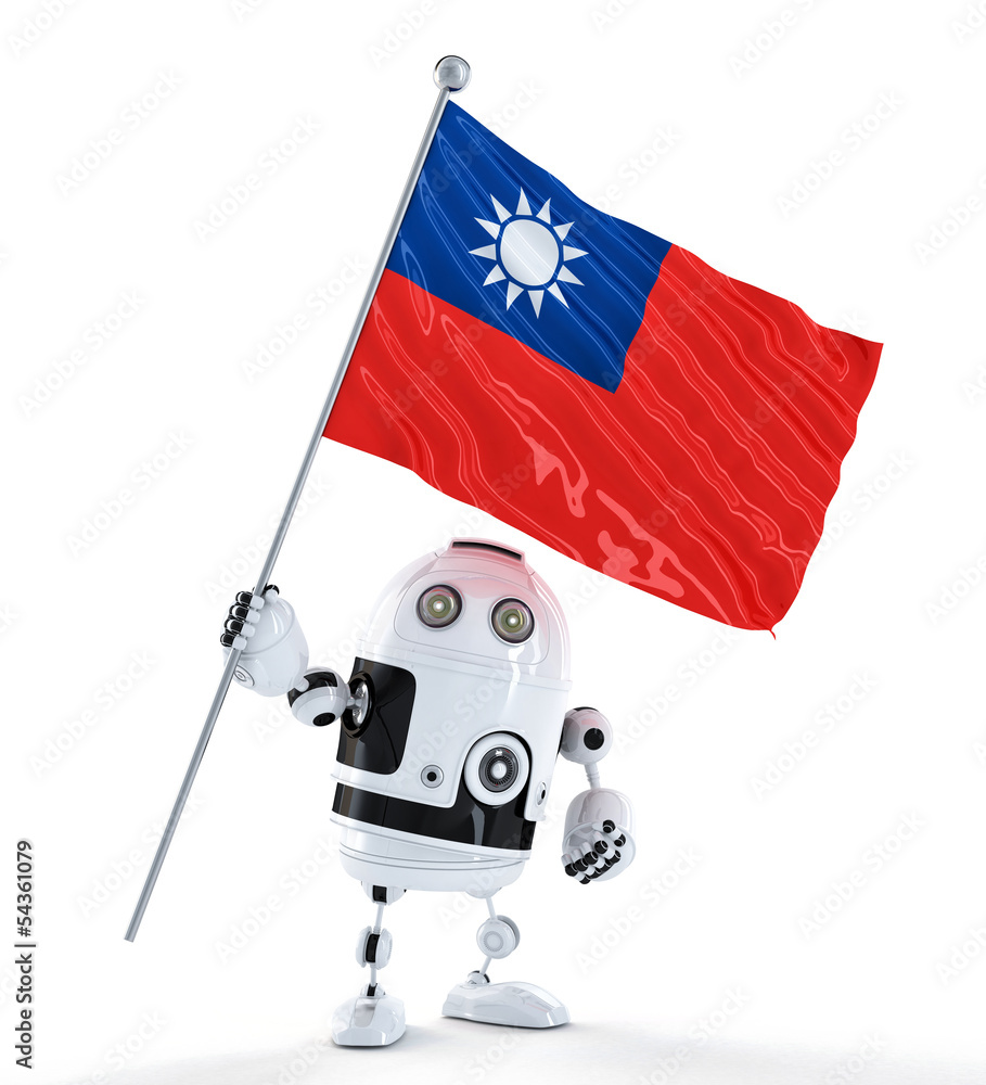 Poster android robot standing with flag of taiwan. isolated over white