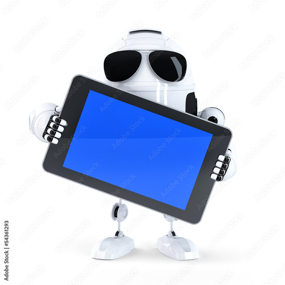 Poster android robot holding blanc screen mobile device
