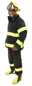 Attractive black middle aged man in fire fighter's uniform with