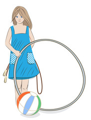 Girl with hula hoop, beach ball and skipping rope