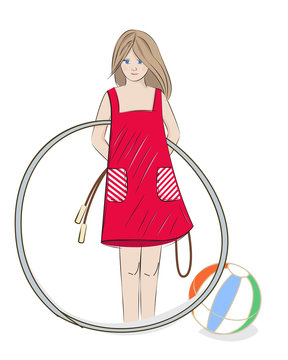 Girl With Hula Hoop, Beach Ball And Skipping Rope