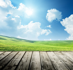 Green field and wood floor