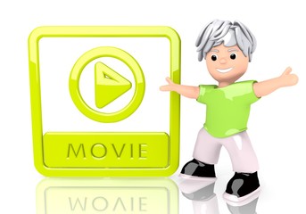 3d render of a happy movie file sign  with cute 3d character