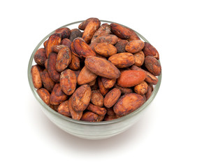 cocoa beans in a glass bowl