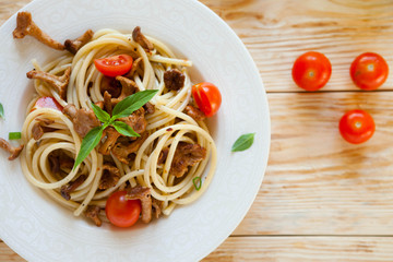 spaghetti with mushrooms, top view