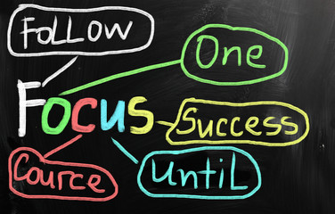 "Focus" handwritten with white chalk on a blackboard