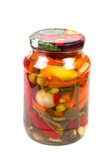 Pickled peppers and spices in a bank