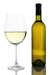White wine glass and bottle of wine isolated on white