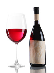 Glass of wine with bottle isolated on white