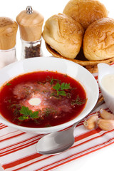 Delicious borsch on table close-up