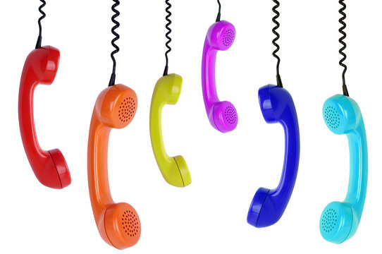 six colored phones hanging