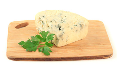 Tasty blue cheese on cutting board, isolated on white