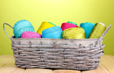 Bright threads in basket on wooden table on green background