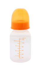 Side baby milk bottle with cap on white background.