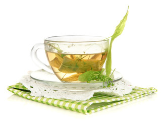 Glass cup of tea with linden isolated on white