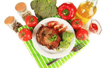 Piece of fried meat on plate isolated on white