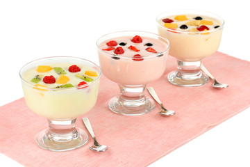 Delicious yogurt with fruit isolated on white