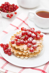 Belgian waffles with red currant, sprinkled with powdered sugar