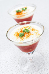 bilayer tomato panna cotta with smoked pepper and yogurt