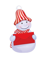 Vector of fun snowman holding red envelope isolated.