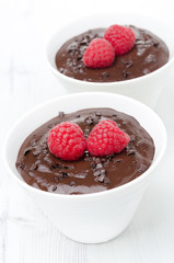 chocolate mousse with raspberries on a white