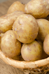 close-up of new potatoes in the basket, selective focus